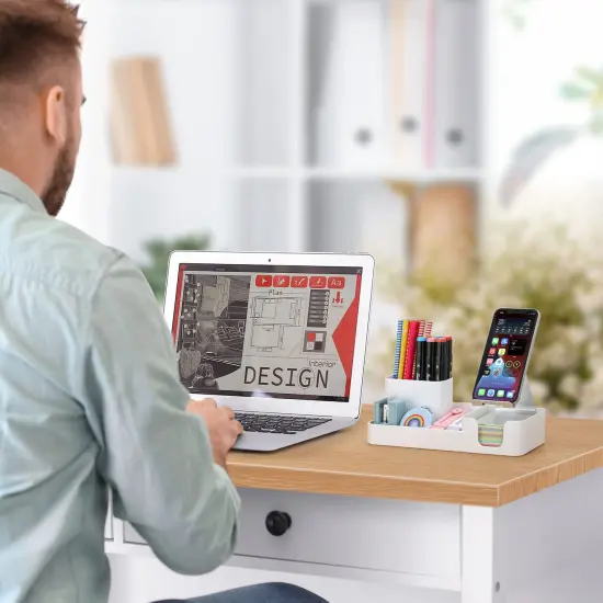 Pen Holder for Desk, Desktop Organizer with Mobile phone holder/Pencil Holders/Sticky Note Tray/Paperclip Storage and Office Stationery Accessories Caddy for Office Home School (White) {4}