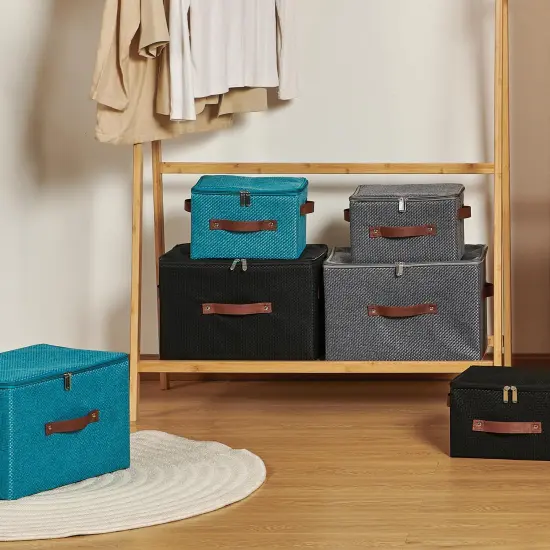 Storage Bins with Lid Fabric Storage Box Basket PU Leather Handle Textured Woven Cotton Linen Decorative Foldable Washable Shelf Closet Organizer Container (Zipper Lid, Gray, Small) {4}