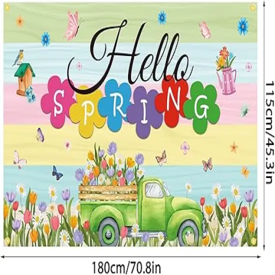 Hello Spring Backdrop Banner 71 x 45 Inch Large Colorful Spring Truck Tulips Flowers Background Banner Spring Easter Holiday Party Decorations Spring Break Indoor Outdoor Photo Booth Props {2}