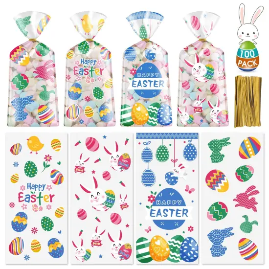 100 Pcs Easter Treat Bags - Happy Easter Gift Bags, Easter Eggs Plastic Cellophane Bag, Clear Colorful Easter Bunny Goodie Candy Favor Bags with Gold Twist Ties for Easter Party Favors Supplies {1}