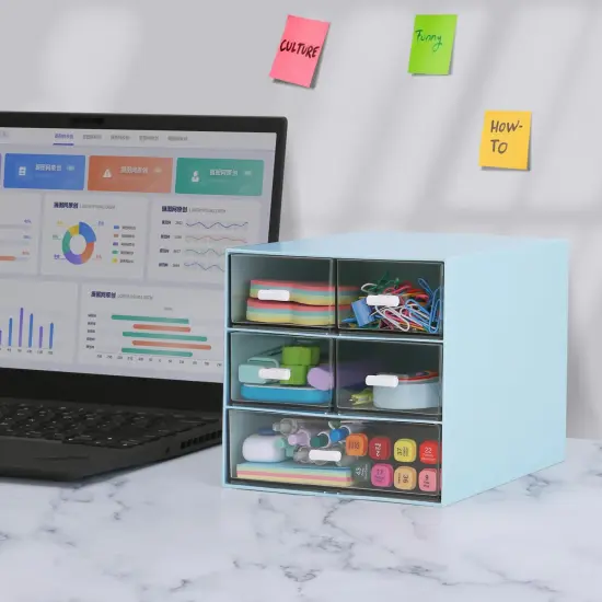 Desk Organizer with 5 Drawers, Rectangular Office Stationery Supplies Desktop Drawers, Plastic Makeup Storage, Suitable for Office, School, Home (Blue & 5 Drawers) {5}