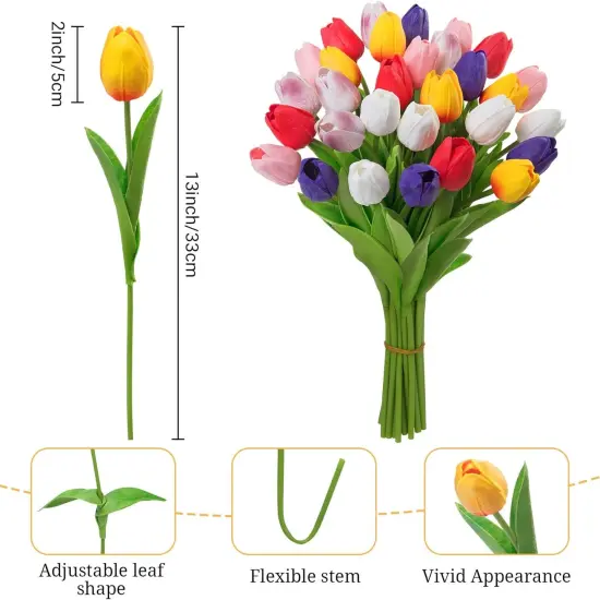 30 Pcs Multicolor Artificial Tulip Flowers PU Real Touch Fake Plants Faux Bouquet for Room Office Table Party Spring Wedding Home Spring Mother's Day Easter Decorations {2}