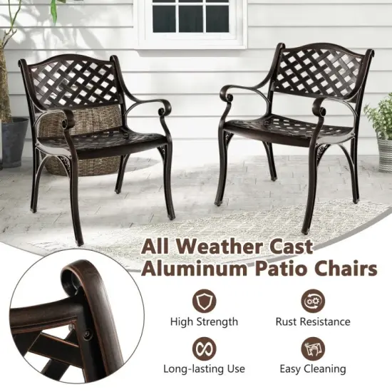 Cast Aluminum Patio Chairs Set Of 2 Dining Chairs With Armrests Diamond Pattern-Bronze {5}