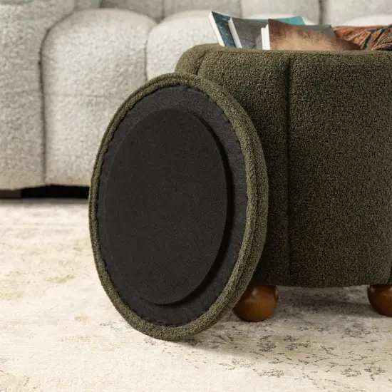 19"H Boucle Upholstered Storage Ottoman Stool with Rubberwood Feet Green {11}
