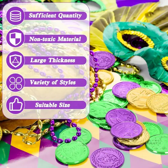 200 PCS Mardi Gras Decorations, 1.4 in Purple Gold Green Fake Coins, Crown Masks Pattern Mardi Gras Gold Coins Plastic Coins Leprechaun Gold Coins, Mardi Gras Table Decorations Costume Accessories {4}
