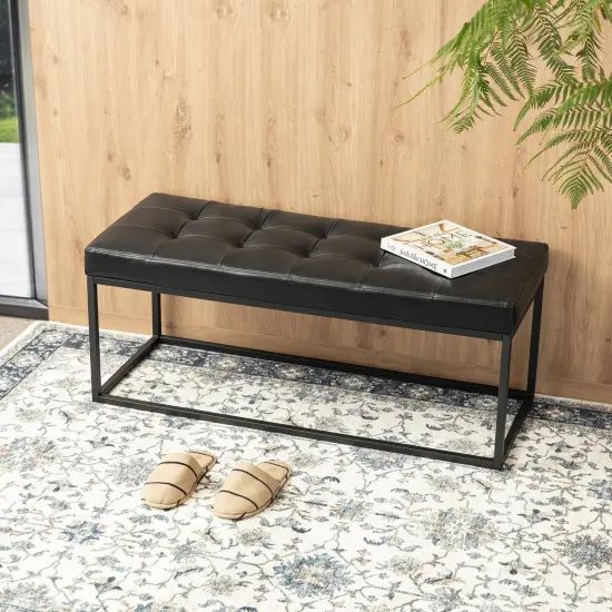 Modern Black Tufted Upholstered Bench with Metal Frame Legs {2}