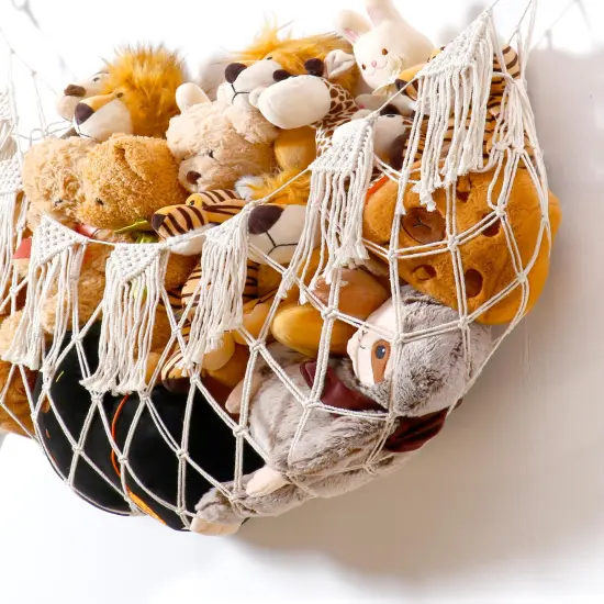 Stuffed Animal Storage Hammock with Lights- Boho Wall Hanging Plushie Net for Stuff Aanimal Organizer and Teddy Bear Storage, Small Toy Hammock for Kids Bedrooms Playroom Nursery(White Small) {6}