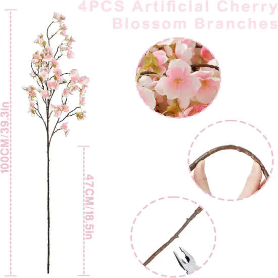 4Pack Artificial Cherry Blossom Flowers 39.3in Faux Cherry Blossom Branches Cherry Blossom Decor Silk Peach Faux Flowers Spring Decor Wedding Party Home Table Vase Decor {3}