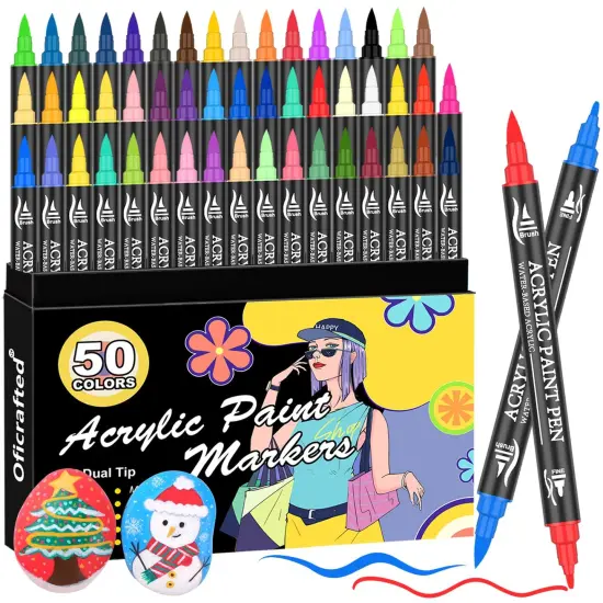 Acrylic Paint Pens, 50 Colors Dual Tip Markers with Fine and Brush Tip, Premium Marking Pens Set for Rock, Wood, Plastic, Fabric Painting and DIY Crafts {1}
