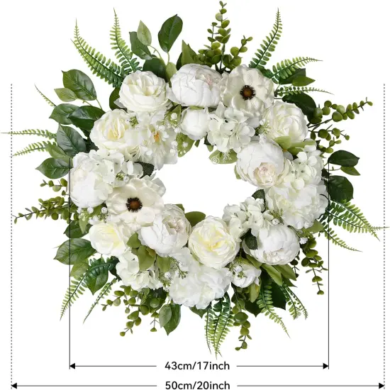 Peony Spring Wreath for Front Door, 20 Inch White Floral Wreath Seasonal Door Wreaths {5}