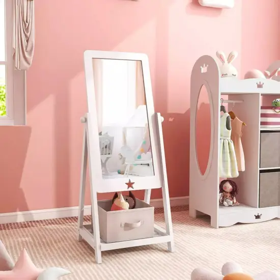 Kids Freestanding Full Length Dressing Floor Mirror w/ Shelf Storage Bin White {2}