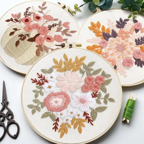 Embroidery Kit for Beginners, 3 Sets Stamped Cross Stitch Kits for Beginner, Floral Pattern Embroidery Starter Kits for Adults with Embroidery Hoop Instructions Threads and Needles Scissors {3}