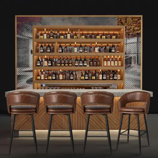 Set of 2/4 Mid-Century Modern 40.5"H Faux Leather Bar Stools with Nailhead Trim {3}