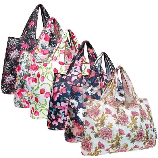 Wrapables Large Foldable Tote Nylon Reusable Grocery Bags, 6 Pack, Pink Florets {1}