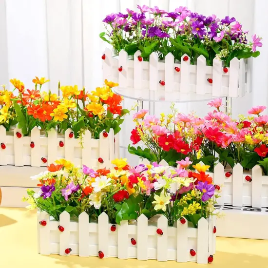 Artificial Flower Plants Potted in Picket Fence Mixed Color Daisies in Picket Fence Pot for Indoor Office Wedding Home Spring Decor(11.8 Inch, 24 Pcs) {3}