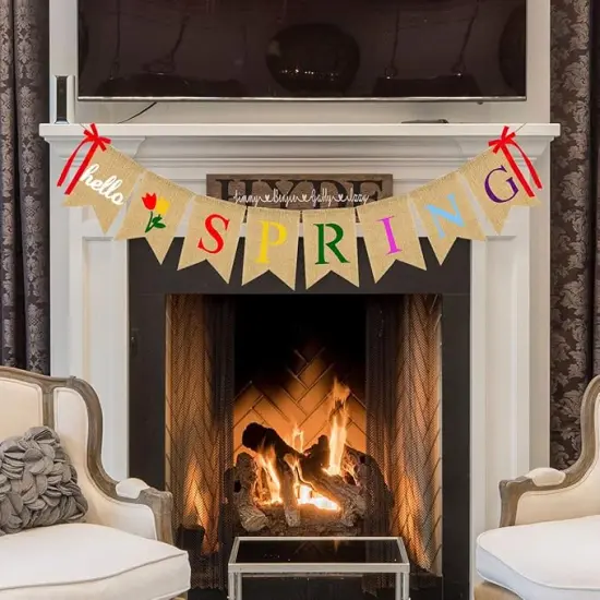 Hello Spring Burlap Banner Jute Spring Bunting Banner Garland Flower Spring Decorations for Indoor Outdoor Party Mantel Fireplace Wall Decor {3}