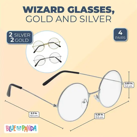 4 Pack Fake Round Wizard Glasses for Halloween Party Costumes Eyewear Accessories Favors, Gold and Silver {2}