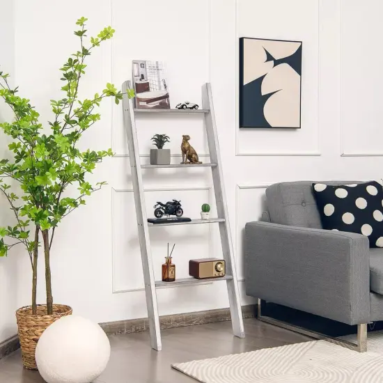 Costway 4-Tier Wall Leaning Ladder Shelf Stand Wooden Blanket Ladder Grey {3}