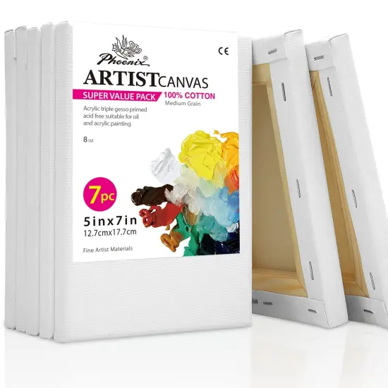 Stretched Canvas for Painting 5x7 Inch/7 Value Pack, 8 Oz Triple Primed 5/8 Inch Profile 100% Cotton White Blank Canvas,Small Framed Canvas for Oil Acrylic & Pouring Art {1}