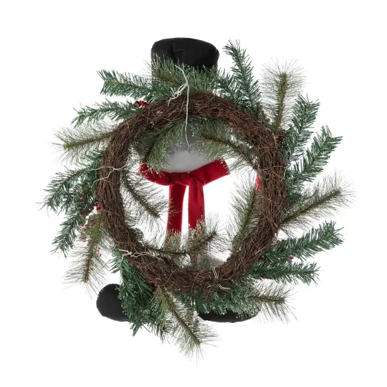 24"D Christmas Flocked Pine Needle & Berry Wreath with matched 20&ldquo;H Christmas Fabric Snowman Ornament Sets {5}