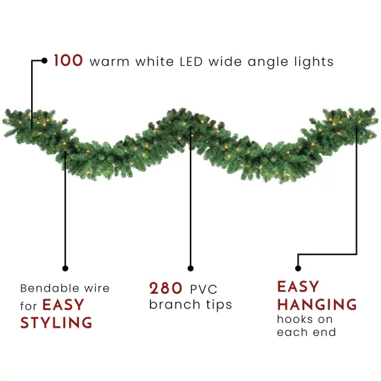Northlight Pre-Lit Olympia Pine Artificial Christmas Garland - 9' x 14" - Warm White LED Lights Green {4}