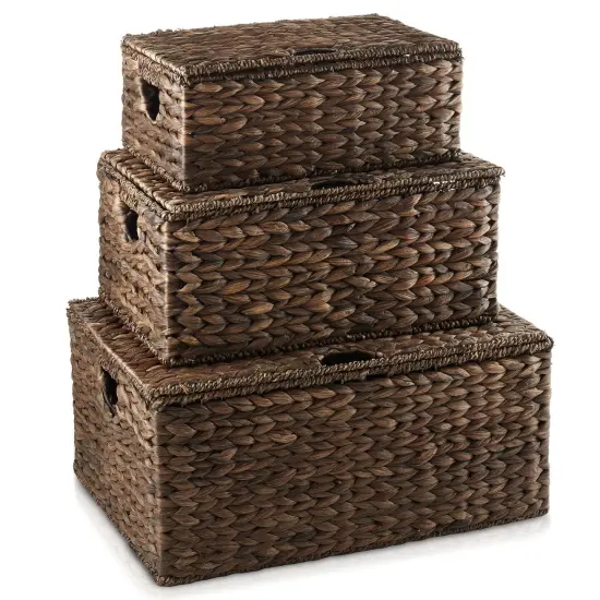 Water Hyacinth Storage Baskets with Lids, Rectangular Woven Wicker Tote Bins {8}