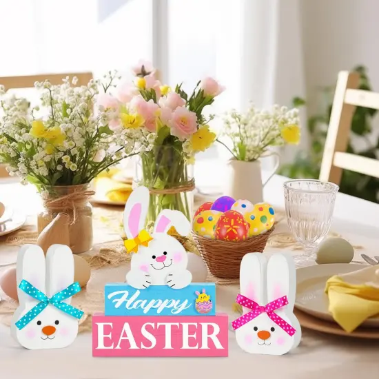 5 Pcs Easter Decorations for the Home Happy Easter Bunny Wooden Block Table Sign with 2 Wooden Easter Bunny Table Decor Set Rustic Spring Table Easter Decorations for Easter Holiday Tabletop Party {6}