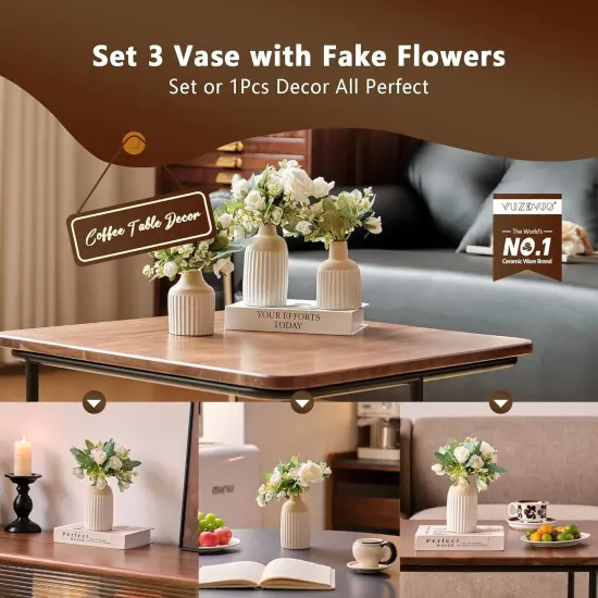3 Pcs Silk Roses Artificial Flowers with Vase, Fake Flowers in Vases {3}