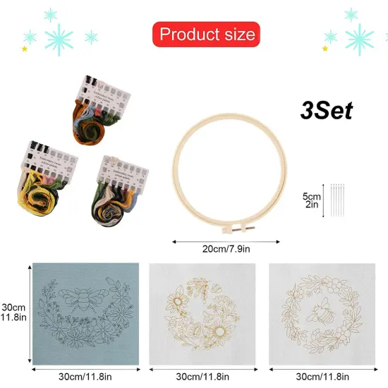Embroidery Starter Kit for Beginners, 3 Sets Cross Stitch Kits for Adults, Include Embroidery Clothes with Cute Bees and Flowers Patterns, 1 Embroidery Hoop, Threads, Needles and Instruction {6}