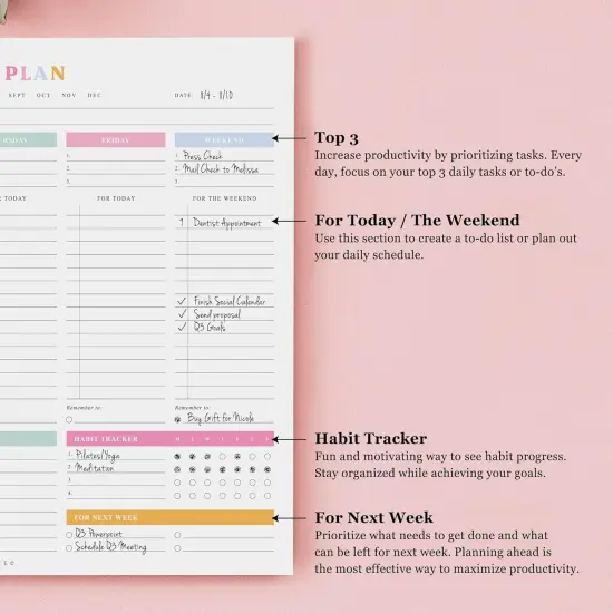 Weekly Planner - Premium 52-Sheet Tear-Off Notepad, 8.5 x 11 inches, Clean Colorful Design, Perfect for Work, School, Projects, and Entrepreneurs, Female & USA Owned Business {3}