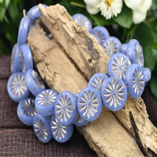 *15* 12mm Silver Platinum Washed Blue Opaline Aster Flower Coin Beads {4}
