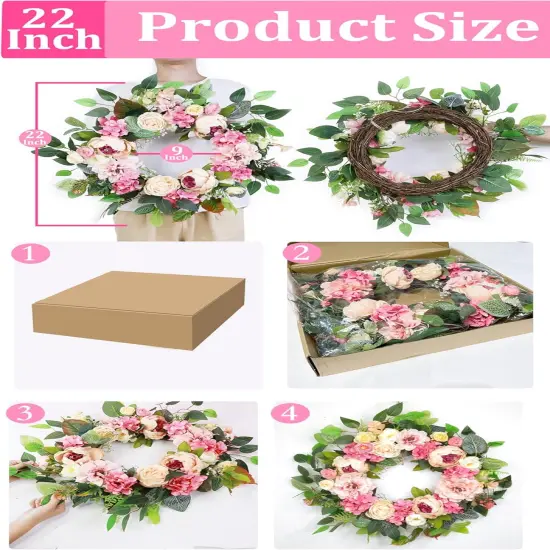 Peony Floral Wreath 22" Spring Wreaths for Front Door & Lights Timer Large Pink Peonies {4}