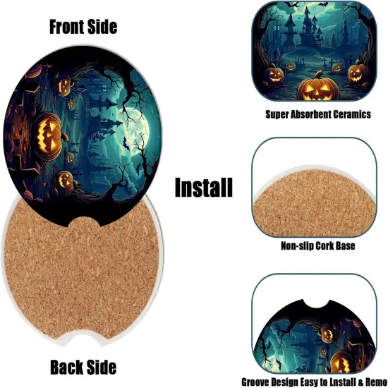Pack of 2 -Cup Holders Car Coasters - Halloween Night Pumpkins Absorbent Ceramic Coaster {3}