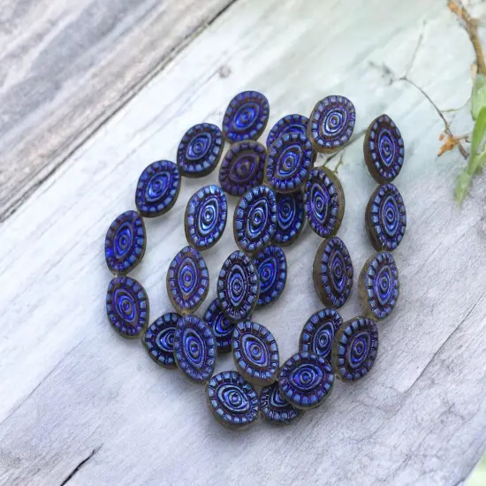 *10* 14x11mm Metallic Blue Iris Washed Matte Black Diamond Mystic Eye Beads {5}