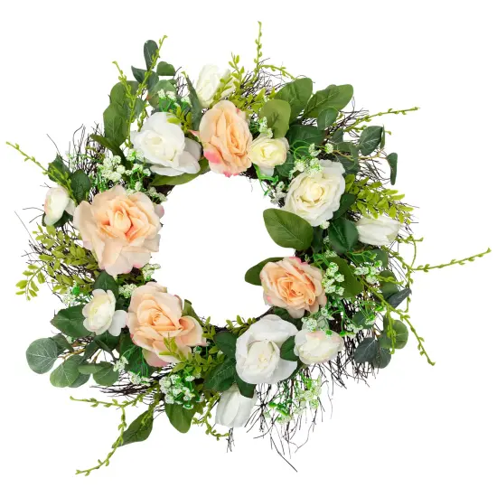Northlight Rose and Foliage Artificial Spring Wreath - 24-Inch, Unlit Green {3}