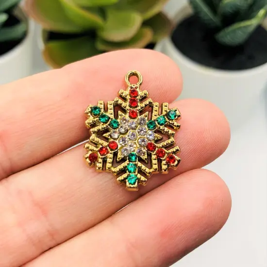 Gold Toned Rhinestone Snowflake Charms, 24x19.5mm {3}