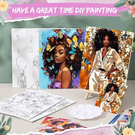 16 Sets Pre Drawn Canvas to Paint for for Adults Kids Party Supplies(Black Girl) {5}