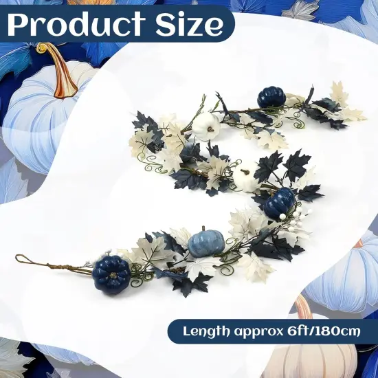 6ft Fall Blue Garland with Pumpkin and Autumn Leaves {2}