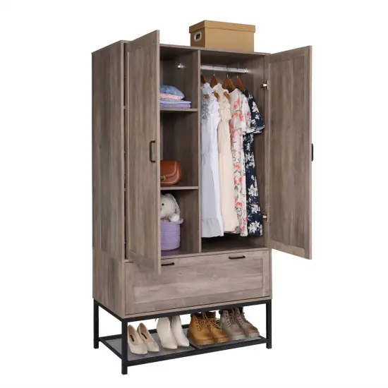 Tall Freestanding Wardrobe Closet with Hanging Rods and Storage Drawer for Bedroom or Entryway {2}