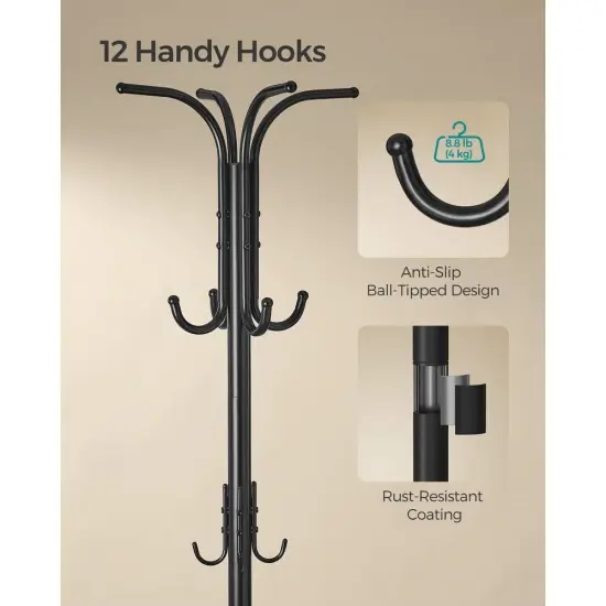 Metal Coat Rack with Umbrella Holder and 12 Hooks Black {3}