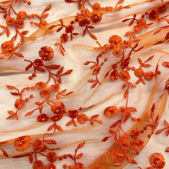 1 Yard Beaded Lace Fabric Embroidered Pearl Sequin Bridal Mesh Wedding Dress 54" Width Orange {3}