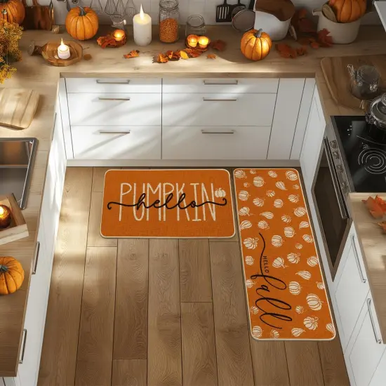 Orange Hello Pumpkin Fall Kitchen Mats Set of 2, Autumn Home Decor Low-Profile Kitchen Rugs for Floor - 17x29 and 17x47 Inch {2}