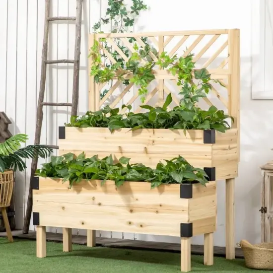Fir Wood 2-Tier Self Draining Raised Planter Box with Lattice Trellis Natural {5}