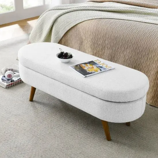 Linen Upholstered Modern Storage Bench with Wood Legs and Flip-Top White {4}