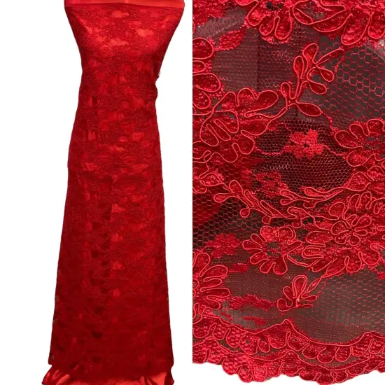 1 Yard Corded Bridal Lace Fabric Embroidered on Net Mesh 54" Width Black {6}