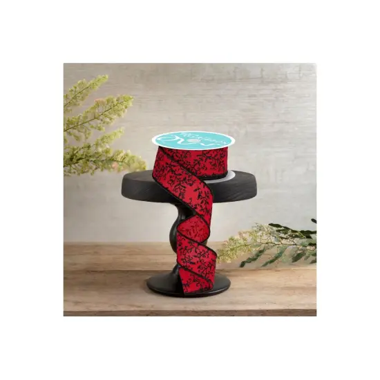 1.5" Glitter Mini Leaf Vines Ribbon: Red/Black (10 Yards) {2}