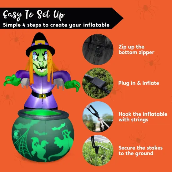 Halloween Inflatable Witch and Cauldron Decoration with Projecting Rotating Green Ghost Light, {5}