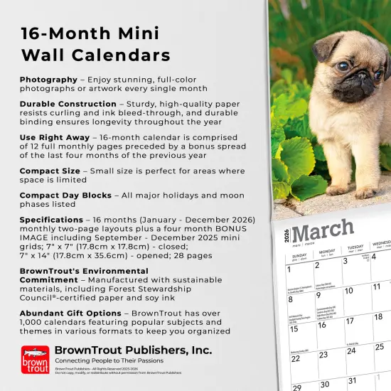 Pug Puppies | 2026 7 x 14 Inch (Hanging) Monthly Mini Wall Calendar {6}