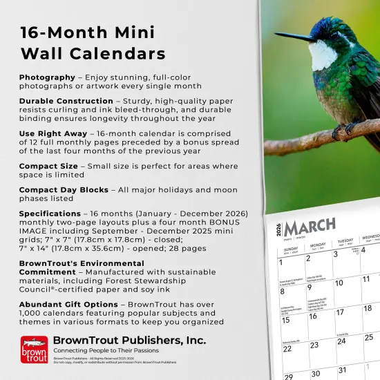 Hummingbirds | 2026 7 x 14 Inch (Hanging) Monthly Mini Wall Calendar {6}