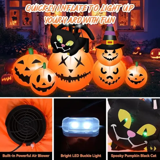 Halloween Inflatables Pumpkin Outdoor Decorations Blow Up Inflatables Pumpkin Patch with Black Cat & Witch Hat {4}